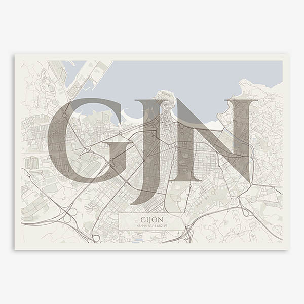 Decorative map of Gijon composed with letters in serif font printed on light brown and an off-white background