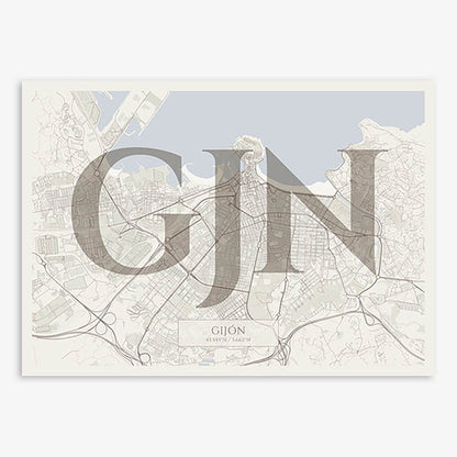 Decorative map of Gijon composed with letters in serif font printed on light brown and an off-white background