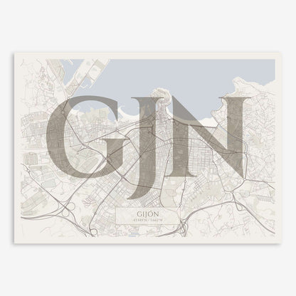 The map of Gijon composed with letters in serif font printed on light brown and an off-white background