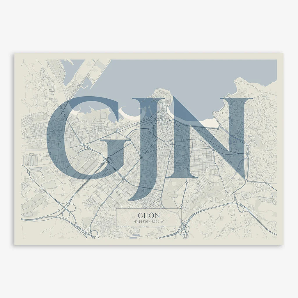 Decorative map of Gijon composed with letters in serif font printed on bluish gray and an off-white background