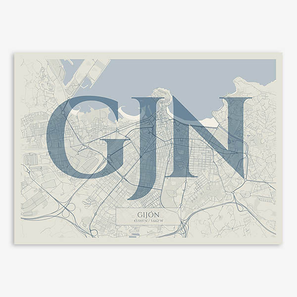 Decorative map of Gijon composed with letters in serif font printed on bluish gray and an off-white background
