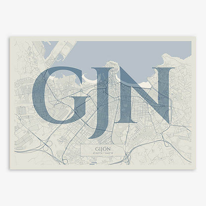 Decorative map of Gijon composed with letters in serif font printed on bluish gray and an off-white background