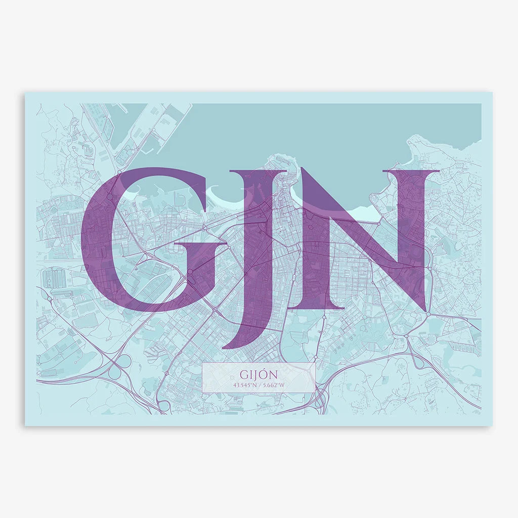 Decorative map of Gijon composed with letters in serif font printed on purple and light blue