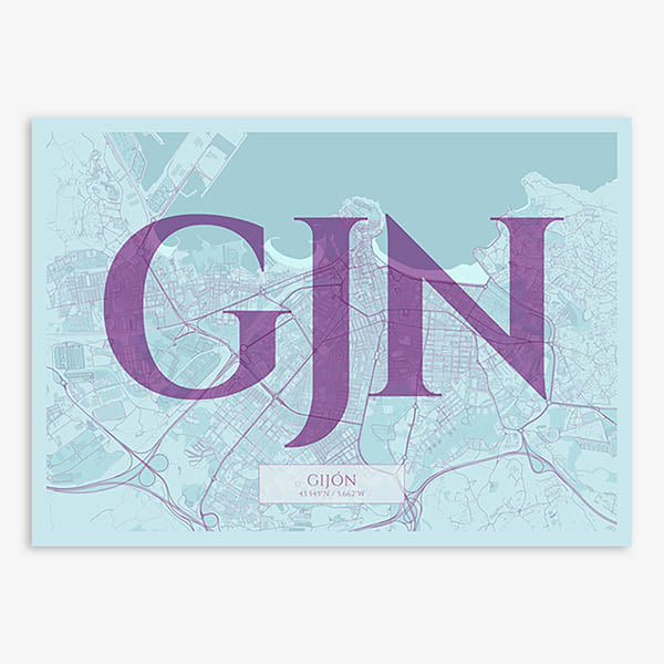 Decorative map of Gijon composed with letters in serif font printed on purple and light blue