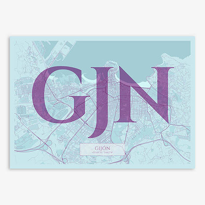 Decorative map of Gijon composed with letters in serif font printed on purple and light blue
