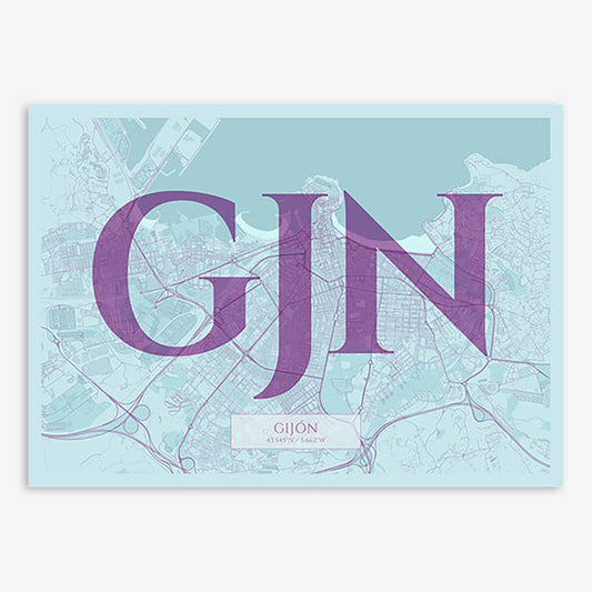 Decorative map of Gijon composed with letters in serif font printed on purple and light blue