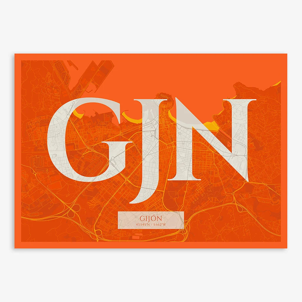 Decorative map of Gijon composed with letters in serif font printed on orange and an off-white background