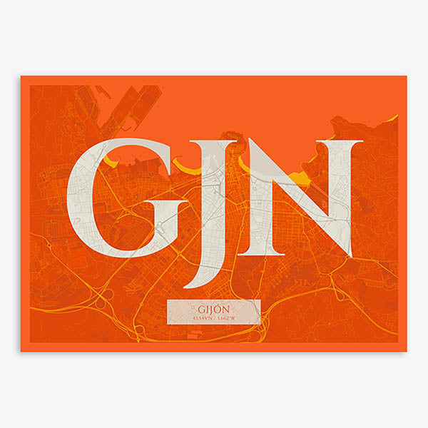 Decorative map of Gijon composed with letters in serif font printed on orange and an off-white background
