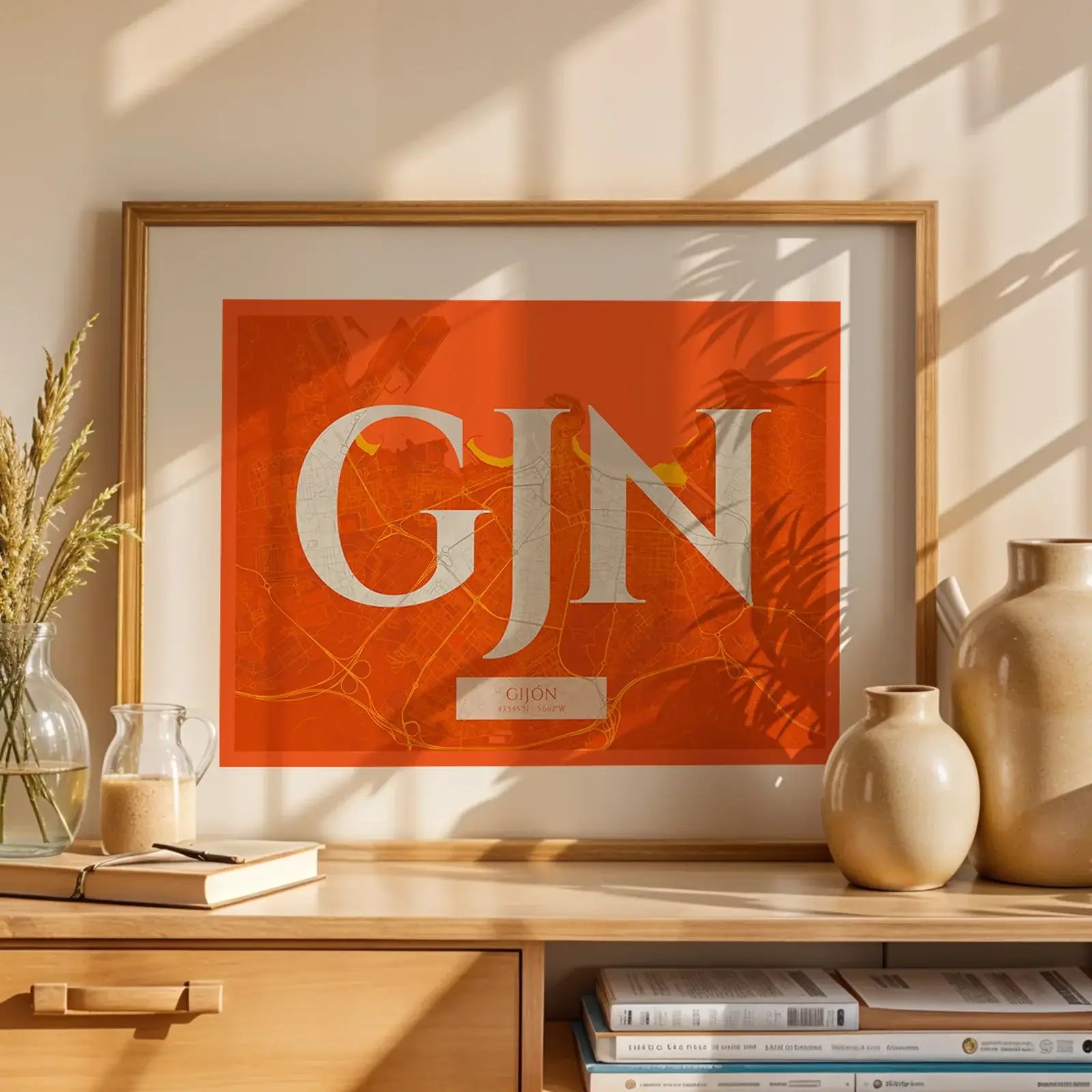 Modern interior design with a Gijon in Classic design, inspired by chiseled typography with an elegant font that creates a beautiful visual contrast designed in orange and an off-white background, displayed on a living room wall