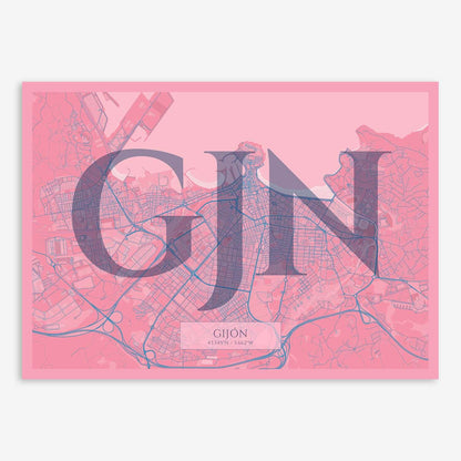 The map of Gijon composed with letters in serif font printed on violet y pink background