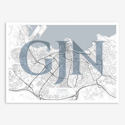 The map of Gijon composed with letters in serif font printed on black and white