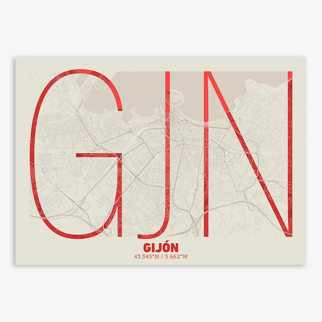 Poster of Gijon composed with letters in extra light font printed on red and an off-white background