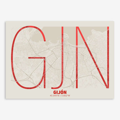 The map of Gijon composed with letters in extra light font printed on red and an off-white background