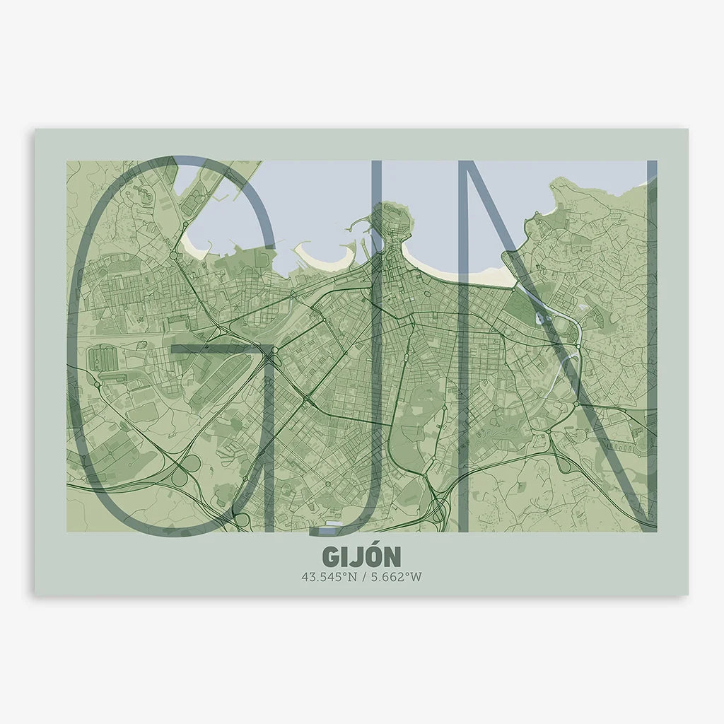 Poster of Gijon composed with letters in extra light font printed on two green tones