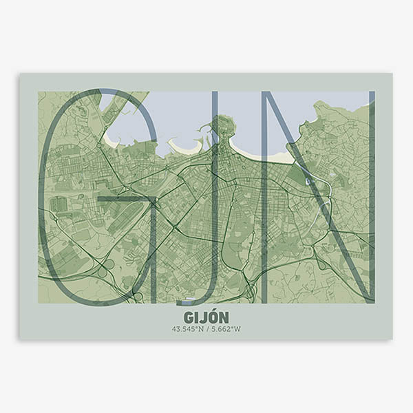 Poster of Gijon composed with letters in extra light font printed on two green tones