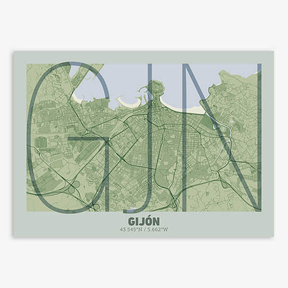 Poster of Gijon composed with letters in extra light font printed on two green tones