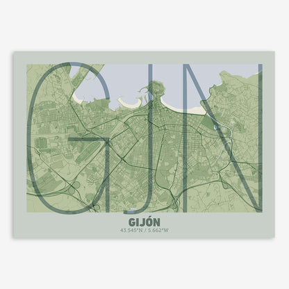 The map of Gijon composed with letters in extra light font printed on two green tones