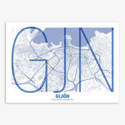 Poster of Gijon composed with letters in extra light font printed on navy blue and white