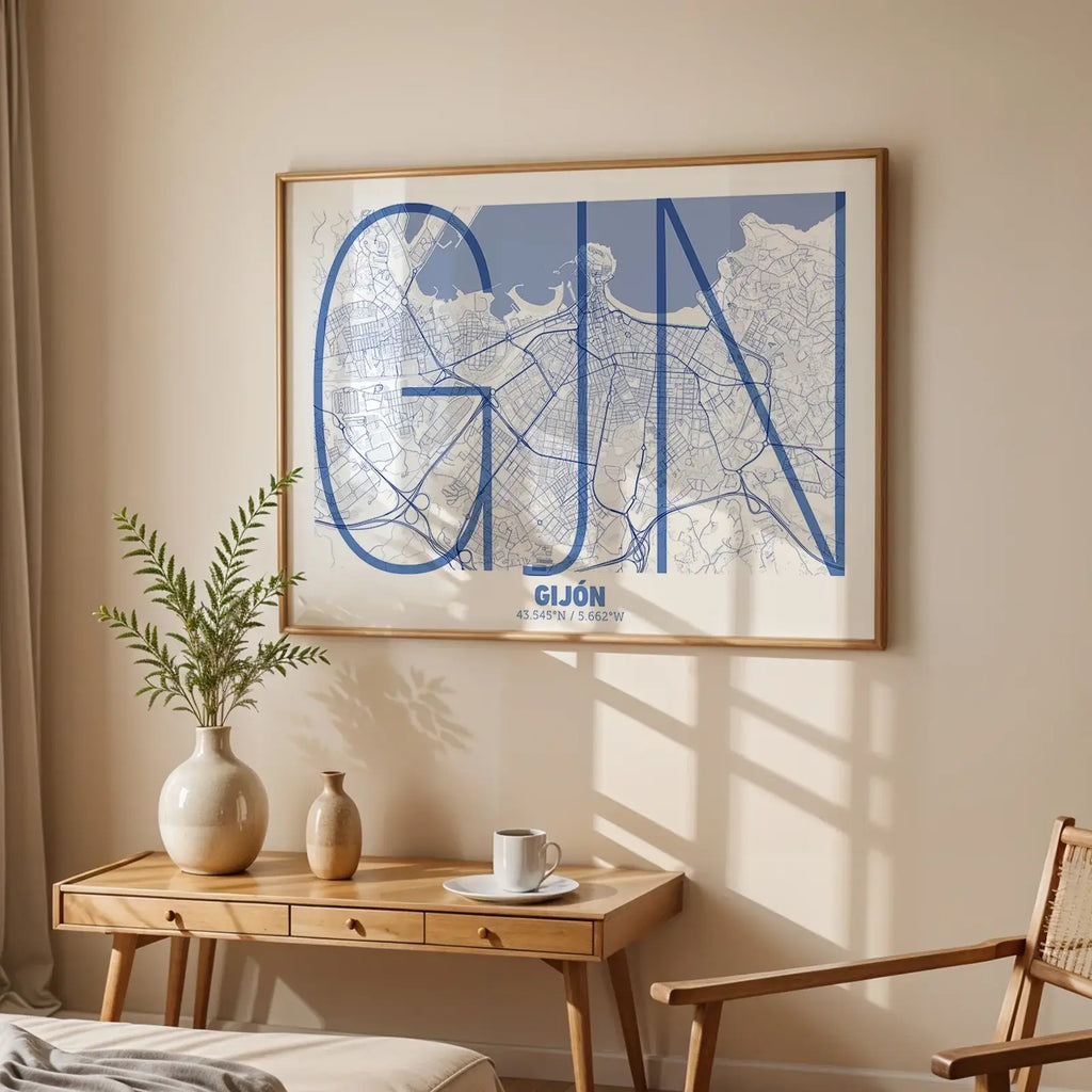 Modern interior design with a Gijon in Ultralight design, a minimalist aesthetic combining urban cartography with modern, extra-thin elegant lettering designed in navy blue and white, displayed on a living room wall