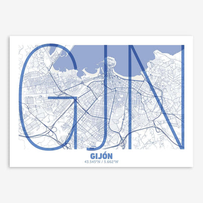 The map of Gijon composed with letters in extra light font printed on navy blue and white