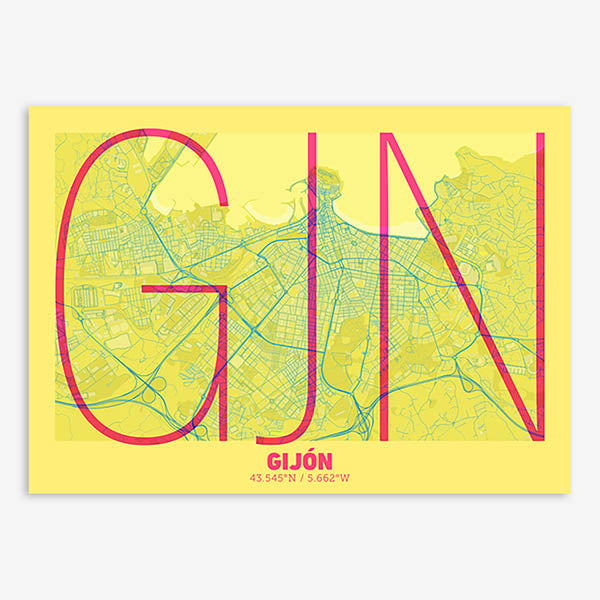 Poster of Gijon composed with letters in extra light font printed on yellow and fuchsia