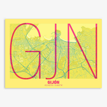 Poster of Gijon composed with letters in extra light font printed on yellow and fuchsia