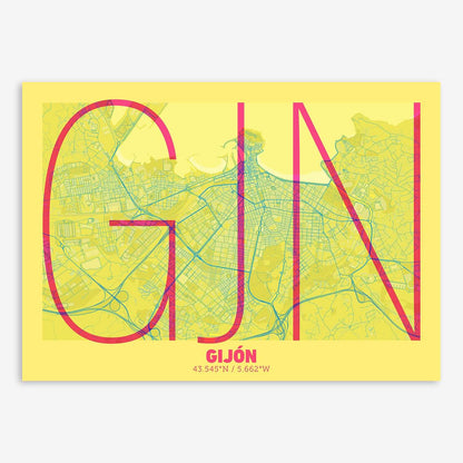 The map of Gijon composed with letters in extra light font printed on yellow and fuchsia
