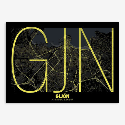 The map of Gijon composed with letters in extra light font printed on black and yellow