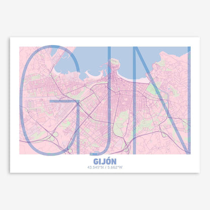 The map of Gijon composed with letters in extra light font printed on pink and light blue