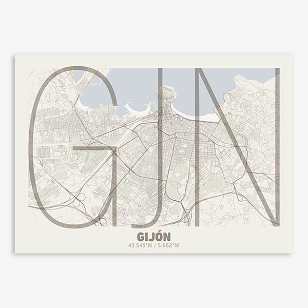 Poster of Gijon composed with letters in extra light font printed on light brown and an off-white background
