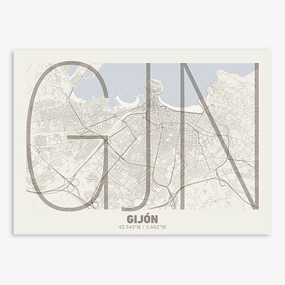 Poster of Gijon composed with letters in extra light font printed on light brown and an off-white background