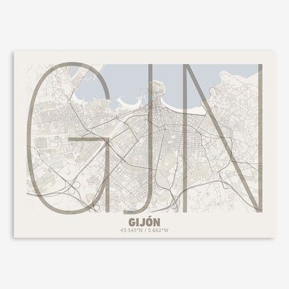 The map of Gijon composed with letters in extra light font printed on light brown and an off-white background