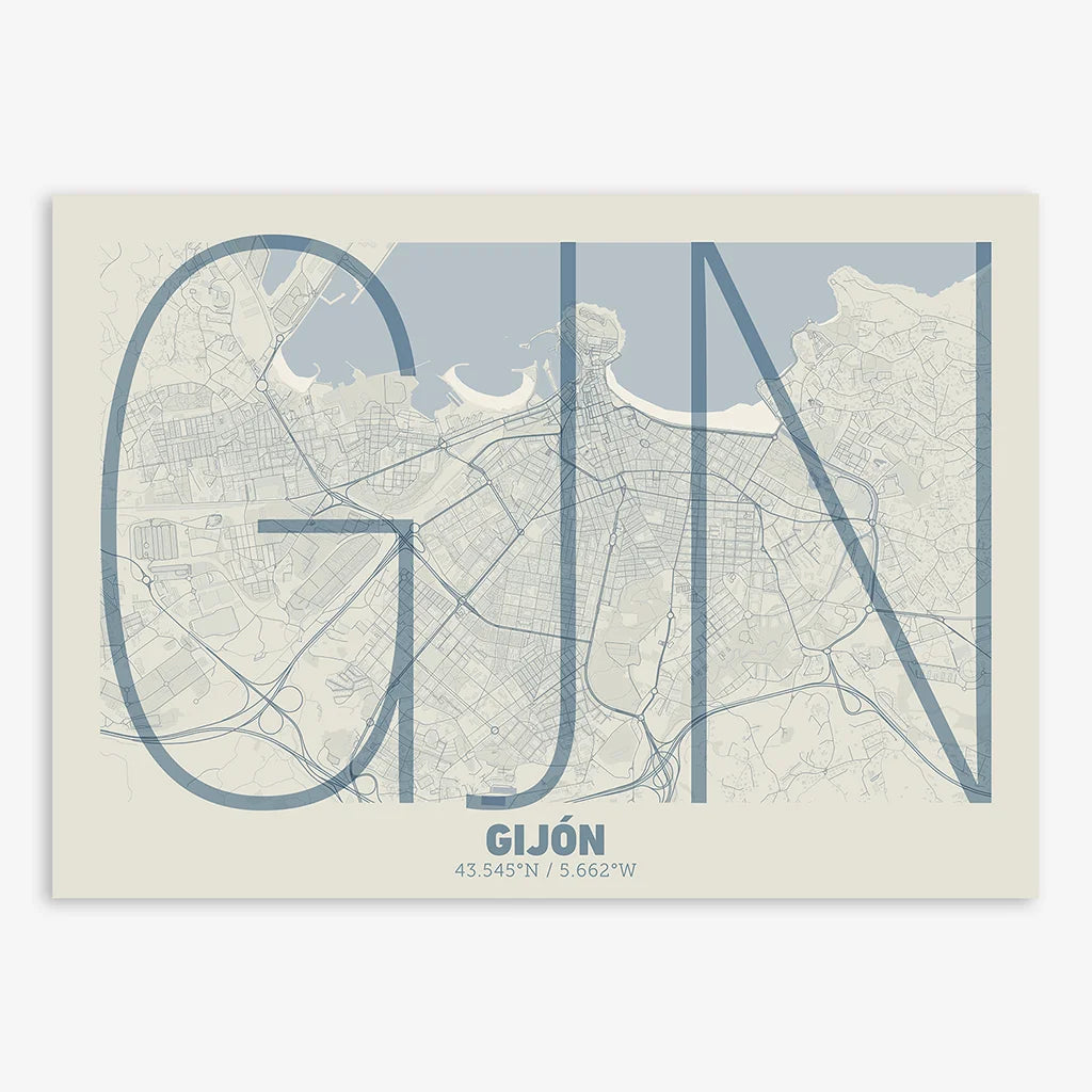 Poster of Gijon composed with letters in extra light font printed on bluish gray and an off-white background