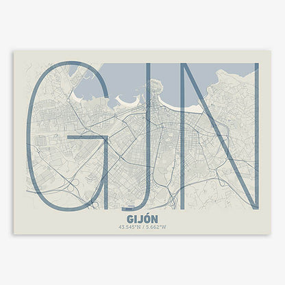Poster of Gijon composed with letters in extra light font printed on bluish gray and an off-white background