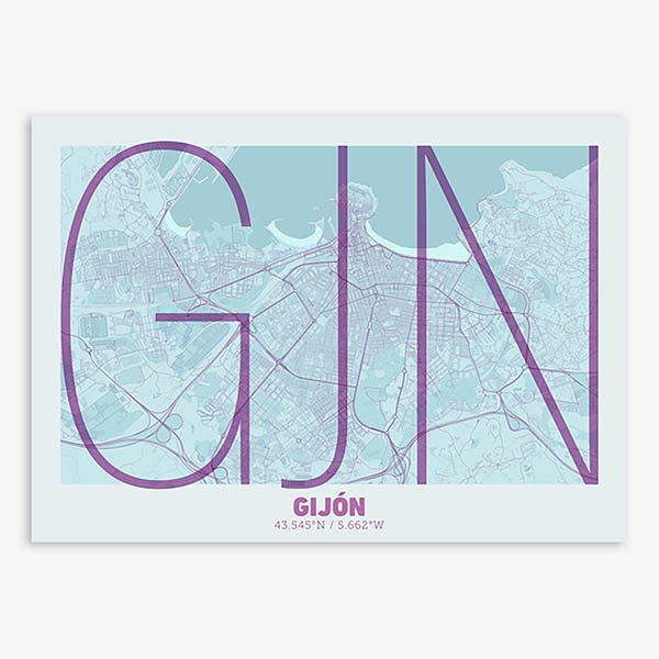 Poster of Gijon composed with letters in extra light font printed on purple and light blue