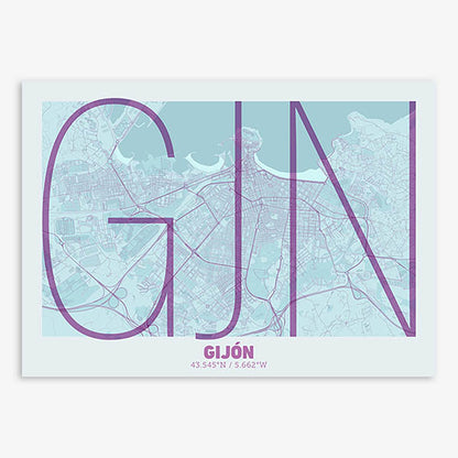 Poster of Gijon composed with letters in extra light font printed on purple and light blue