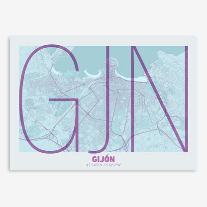 The map of Gijon composed with letters in extra light font printed on purple and light blue