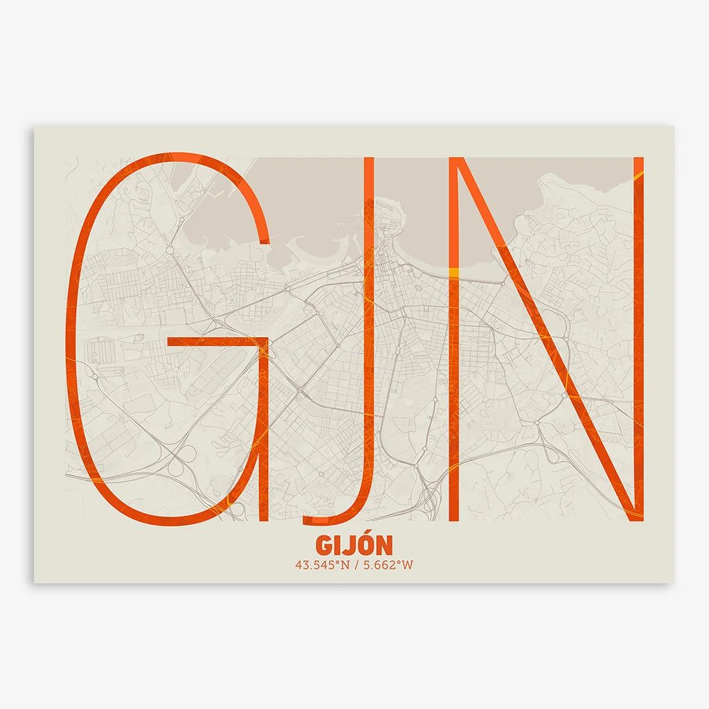 Poster of Gijon composed with letters in extra light font printed on orange and an off-white background