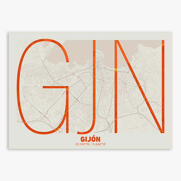Poster of Gijon composed with letters in extra light font printed on orange and an off-white background