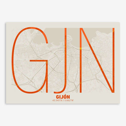 The map of Gijon composed with letters in extra light font printed on orange and an off-white background