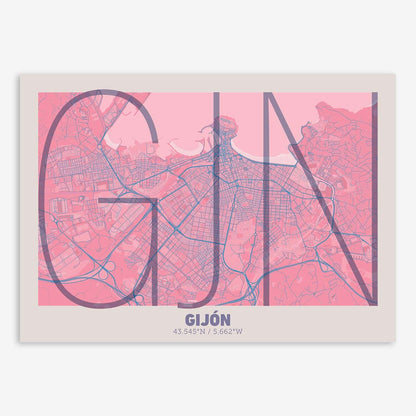 The map of Gijon composed with letters in extra light font printed on violet y pink background