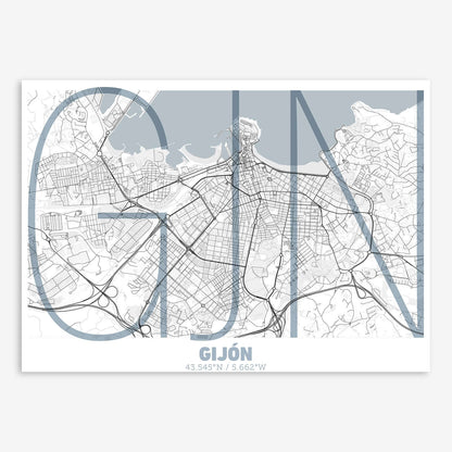 The map of Gijon composed with letters in extra light font printed on black and white