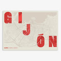 Decorative print of Gijon with letters of its name placed randomly, designed in red and an off-white background