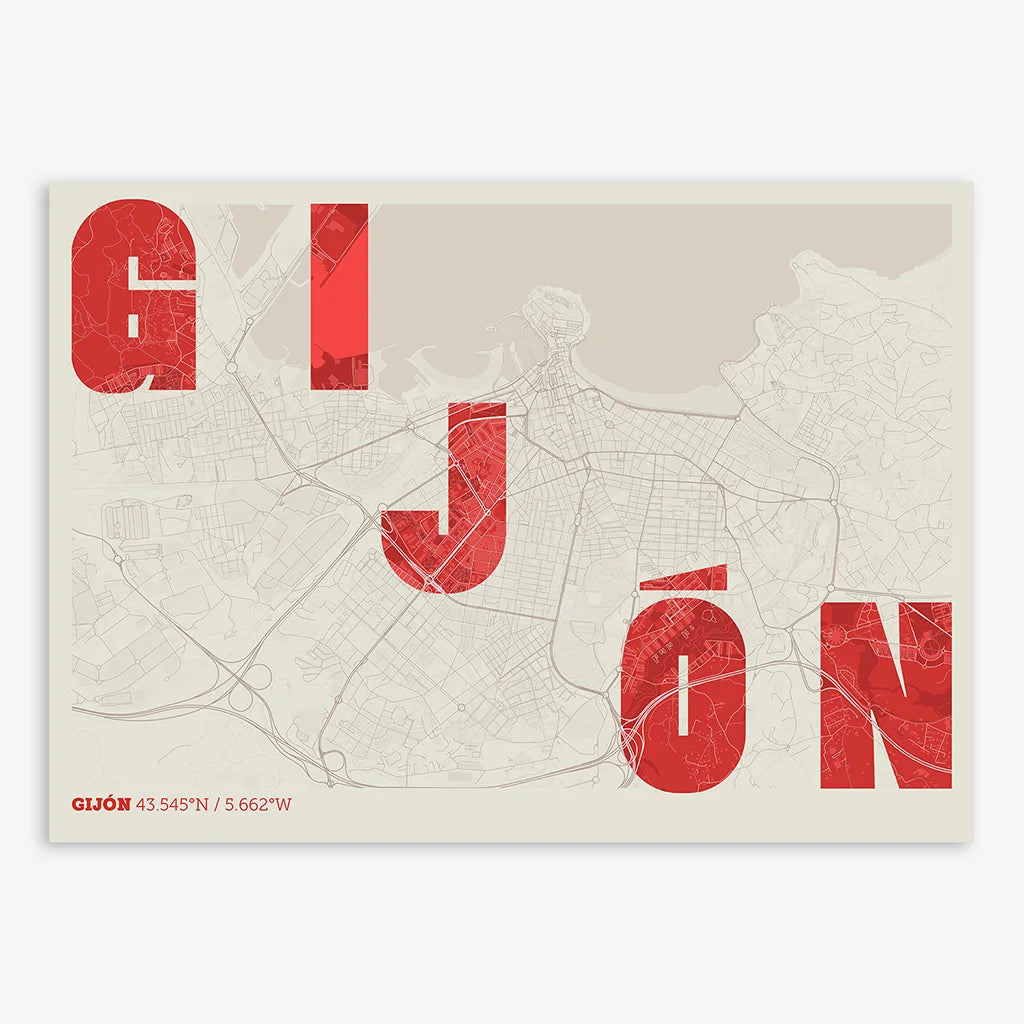 Decorative print of Gijon with letters of its name placed randomly, designed in red and an off-white background