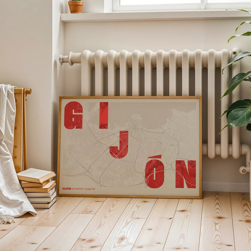 Modern interior design with a Gijon in Unruled design, where the city name letters appear randomly across different lines for a truly original urban layout designed in red and an off-white background, displayed on a living room wall