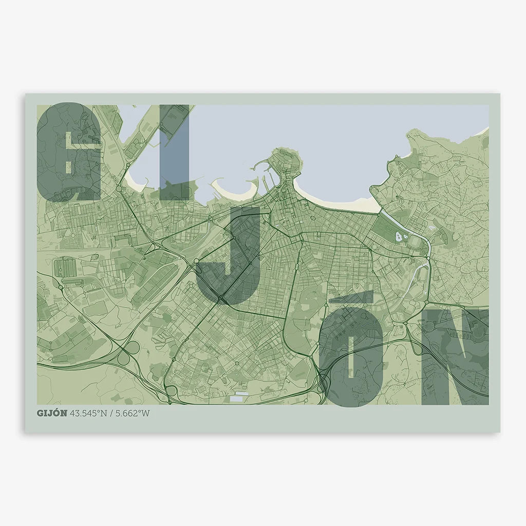 Decorative print of Gijon with letters of its name placed randomly, designed in two green tones