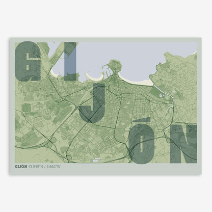 The map of Gijon with letters of its name placed randomly, designed in two green tones