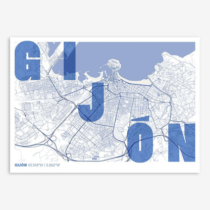 The map of Gijon with letters of its name placed randomly, designed in navy blue and white