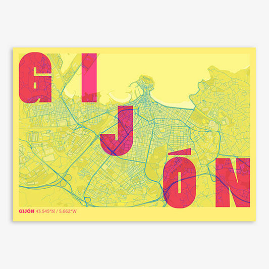 Decorative print of Gijon with letters of its name placed randomly, designed in yellow and fuchsia