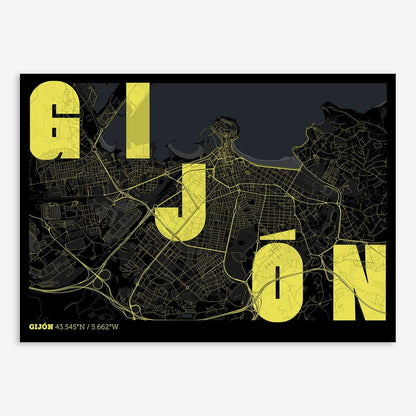 The map of Gijon with letters of its name placed randomly, designed in black and yellow